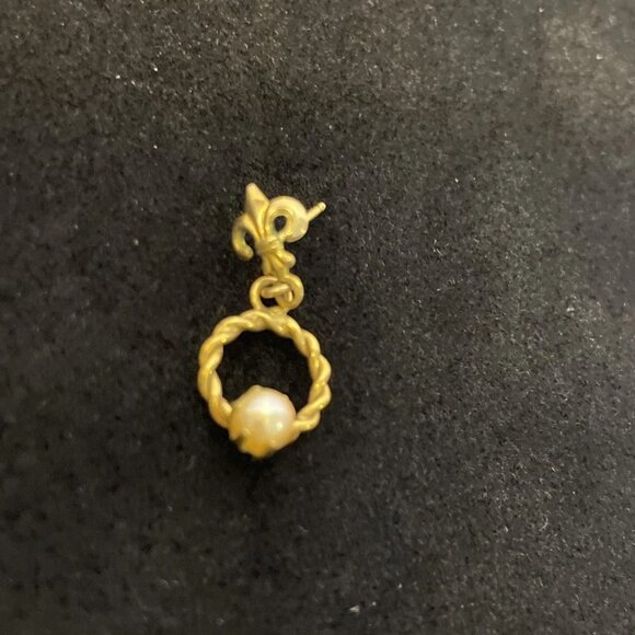 Gold Tone Fleur De Lis Stud Dangling Circle with Small Pearl in Center Earrings - Picture 8 of 9